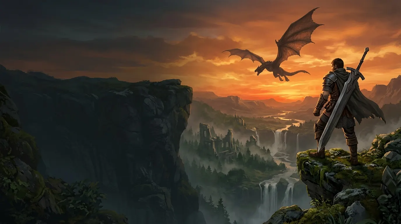 A hunter with a great sword on a mossy cliff at dusk, watching a wyvern fly over a vast valley of waterfalls and ruins